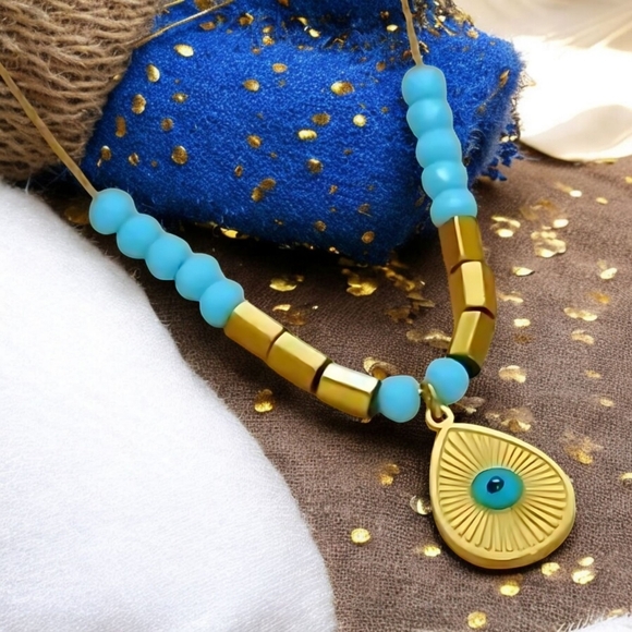 🆕️Evil Eye Charm Necklace - 18K Gold Plated Stainless Steel Minimalist Chic 💙 - Picture 1 of 12